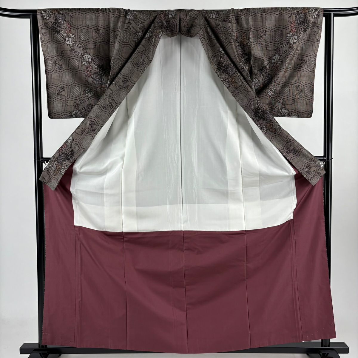 【美品】 紬織 身長161.5cm 袖長62.5cm S 雙層 葡萄 龜甲 焦茶 純蠶絲 秀品級