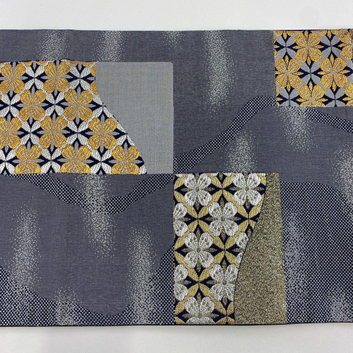【美品】 袋帶 秀品級 七寶紋 花 金金箔 金銀絲 灰色 六通 純蠶絲