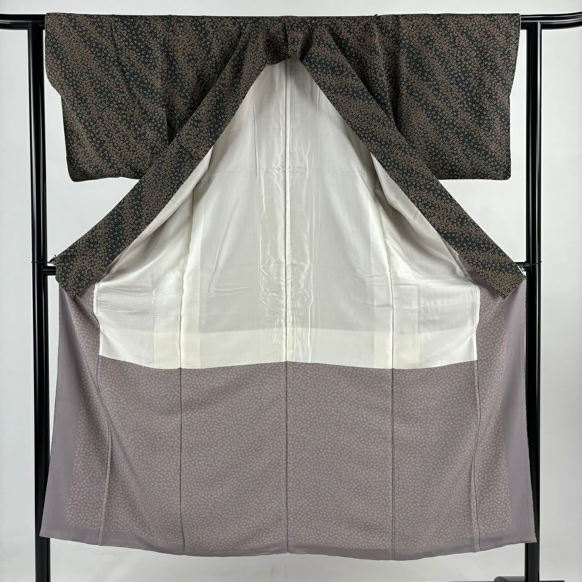 【美品】 小紋 身長150cm 袖長62cm S 雙層 櫻花 墨 黑 純蠶絲 秀品級