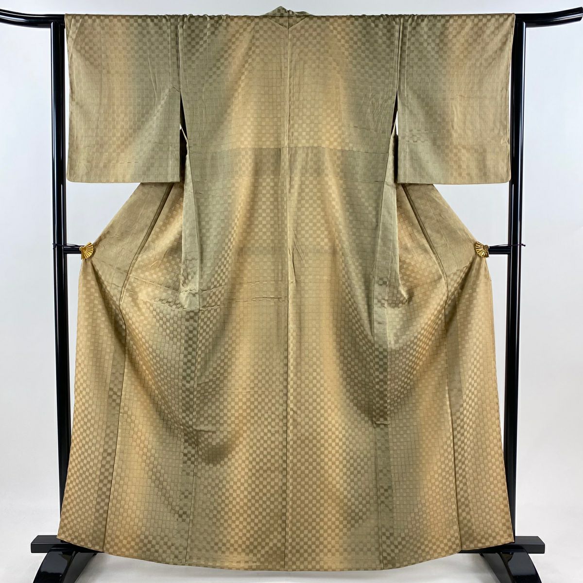 小紋 身長163.5cm 袖長64cm M 薄物 市松樹 縞 漸層 薄茶 純蠶絲 秀品級
