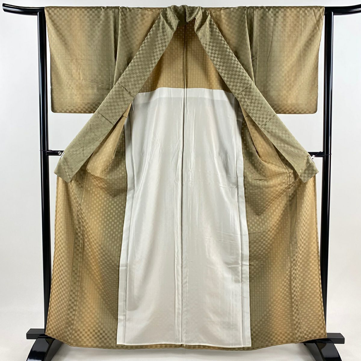 小紋 身長163.5cm 袖長64cm M 薄物 市松樹 縞 漸層 薄茶 純蠶絲 秀品級