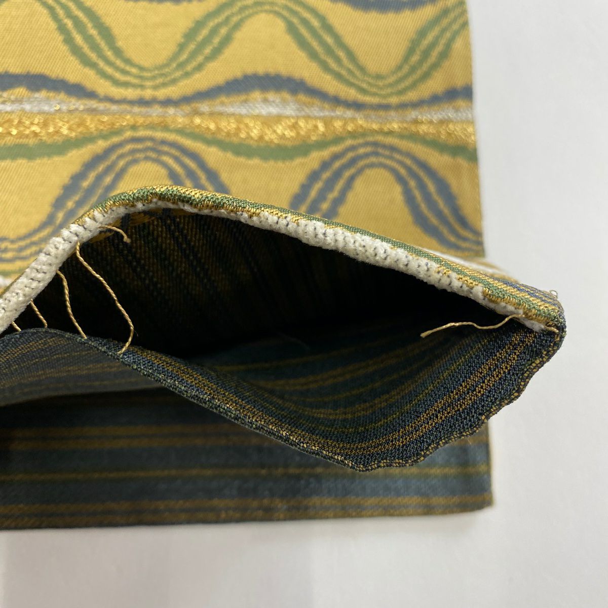 袋帶 名品級 縞 斜紋 金金箔 淺黃土色 大鼓圖案 純蠶絲