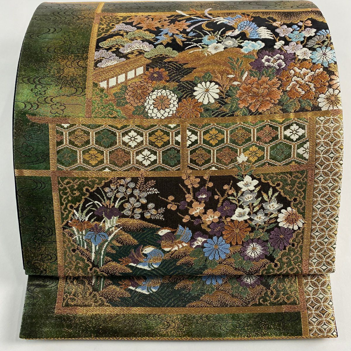 【美品】 袋帶 秀品級 草花紋紋 鳥刺繡 金糸 綠 六通 純蠶絲