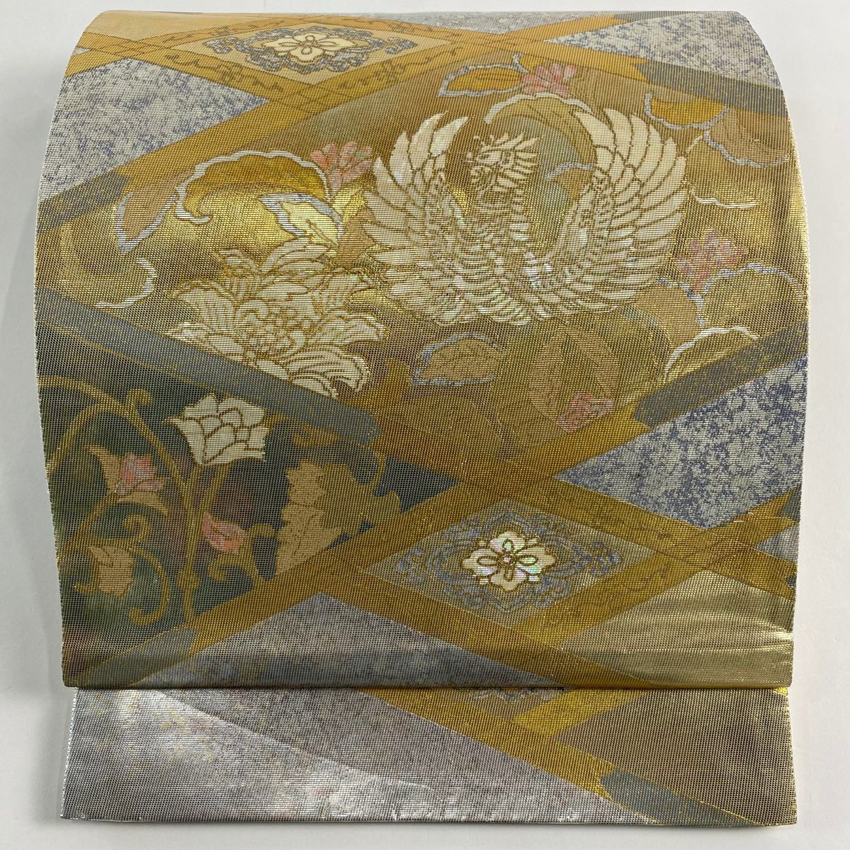 【美品】 袋帶 秀品級 鳥 草花紋 螺鈿金金箔 金銀彩 純蠶絲