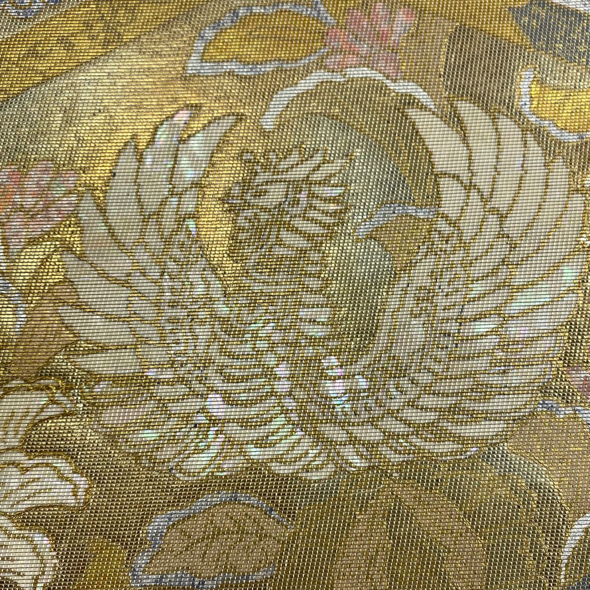 【美品】 袋帶 秀品級 鳥 草花紋 螺鈿金金箔 金銀彩 純蠶絲