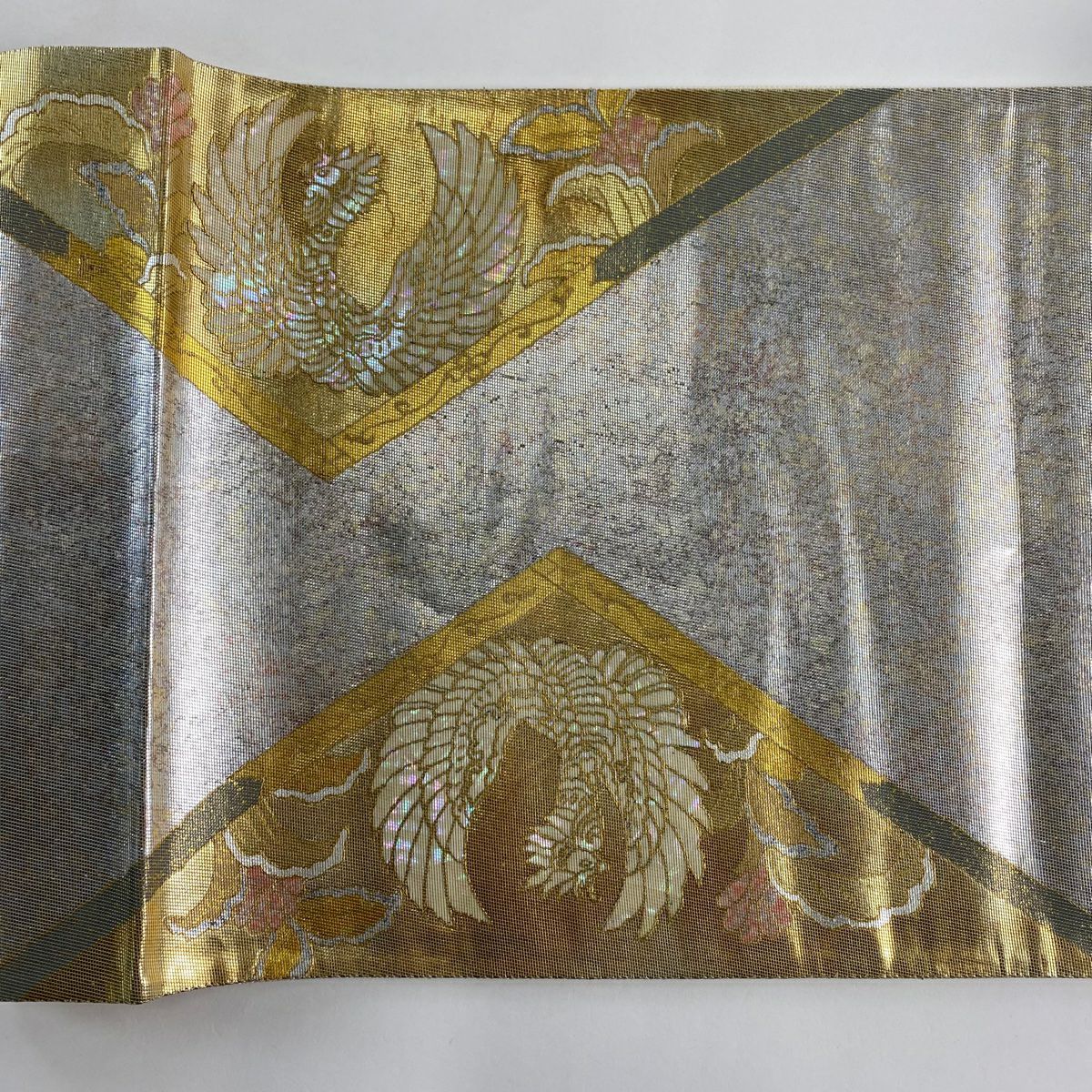 【美品】 袋帶 秀品級 鳥 草花紋 螺鈿金金箔 金銀彩 純蠶絲