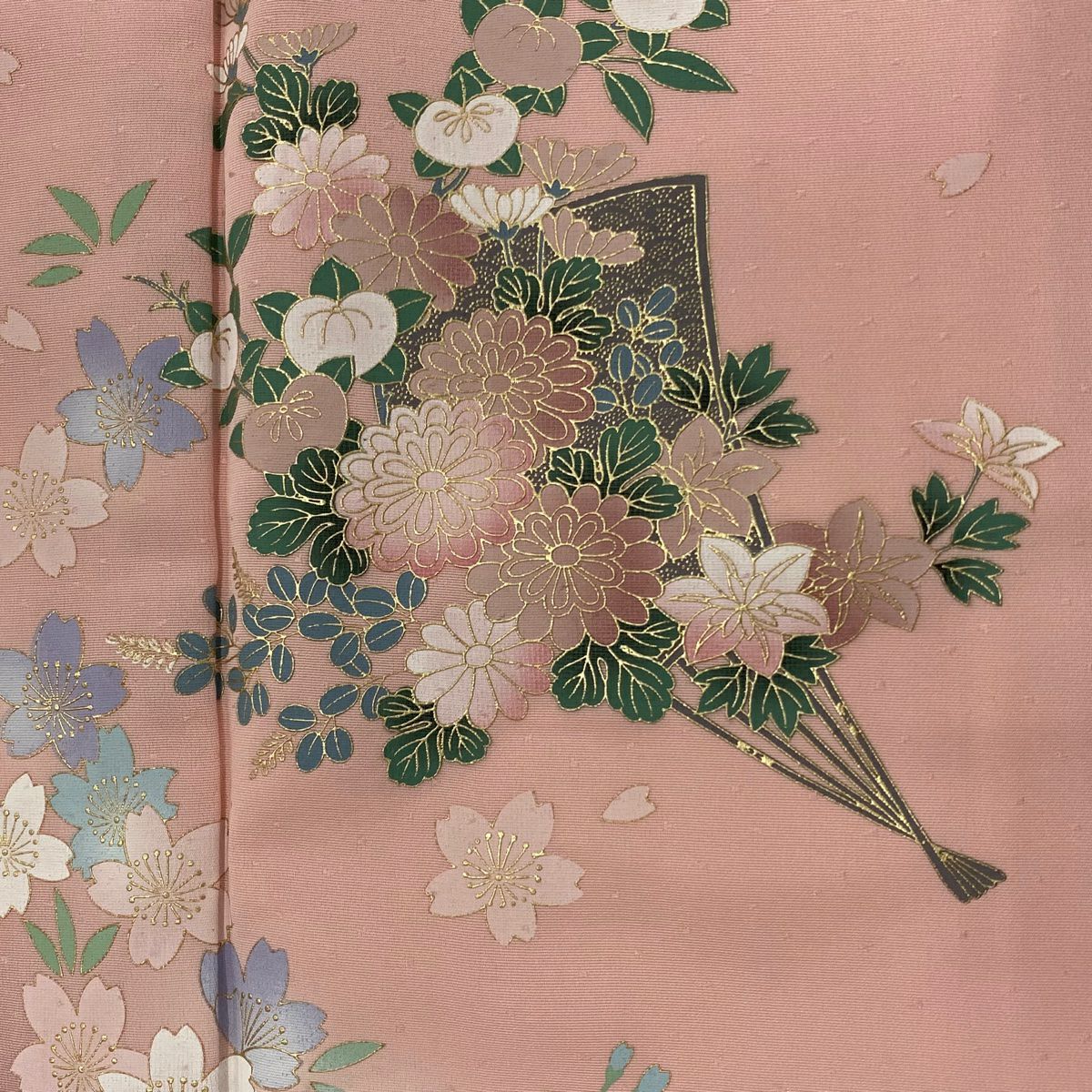 付下 身長163.5cm 袖長66.5cm M 雙層 櫻花 扇子子 金銀彩 漸層 粉色 純蠶絲 優品級
