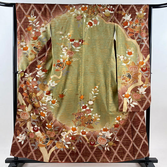 振袖禮服 身長158cm 袖長63cm S 雙層 橘 菊花 金絲 金銀彩 小豆 純蠶絲 秀品級