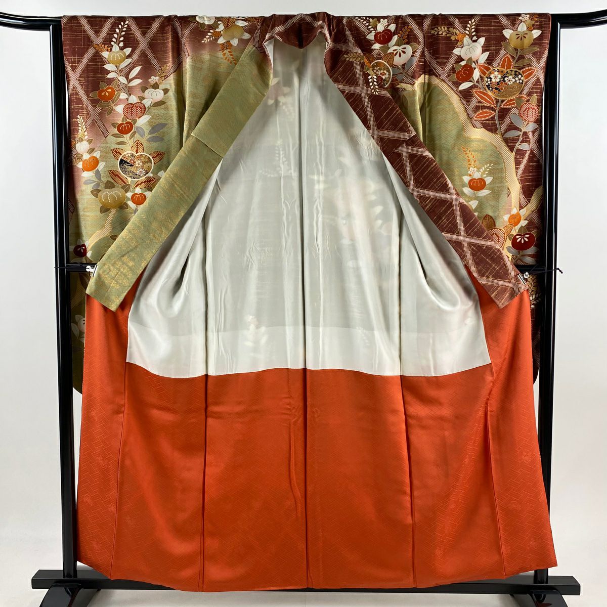 振袖禮服 身長158cm 袖長63cm S 雙層 橘 菊花 金絲 金銀彩 小豆 純蠶絲 秀品級