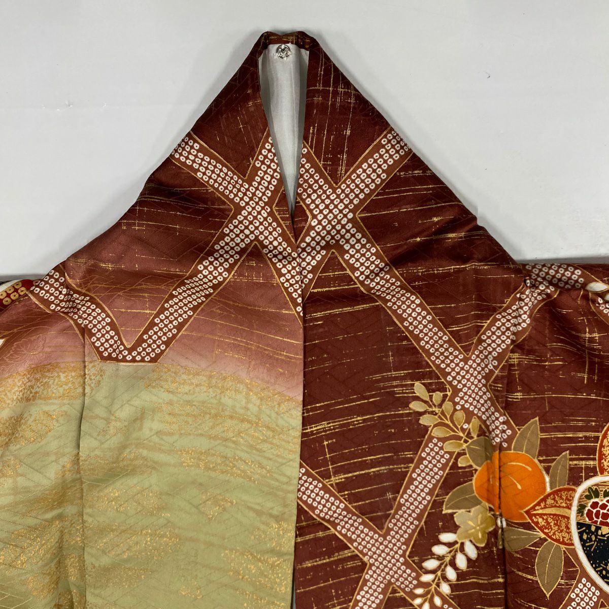 振袖禮服 身長158cm 袖長63cm S 雙層 橘 菊花 金絲 金銀彩 小豆 純蠶絲 秀品級