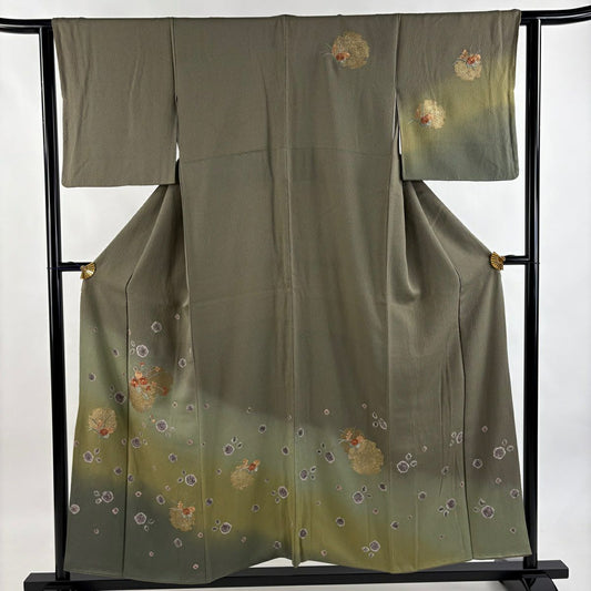 訪問服 身長152cm 袖長63cm S 雙層 雪輪 菊花 絞染 刺繡 茶綠 純蠶絲 秀品級
