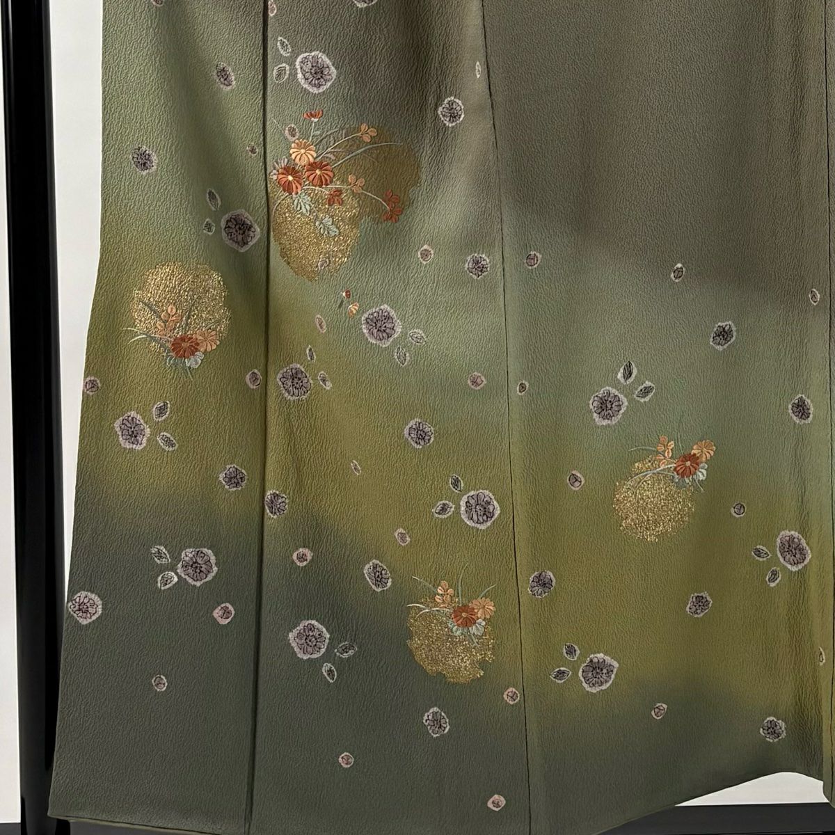 訪問服 身長152cm 袖長63cm S 雙層 雪輪 菊花 絞染 刺繡 茶綠 純蠶絲 秀品級