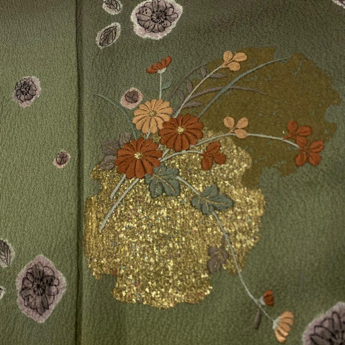 訪問服 身長152cm 袖長63cm S 雙層 雪輪 菊花 絞染 刺繡 茶綠 純蠶絲 秀品級