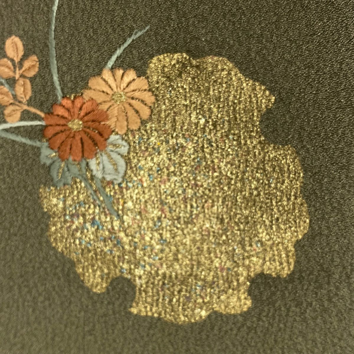 訪問服 身長152cm 袖長63cm S 雙層 雪輪 菊花 絞染 刺繡 茶綠 純蠶絲 秀品級