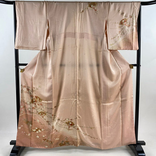 訪問服 身長161.5cm 袖長66.5cm M 雙層 扇子 花筏 金絲 金銀彩 鮭粉色 純蠶絲 秀品級