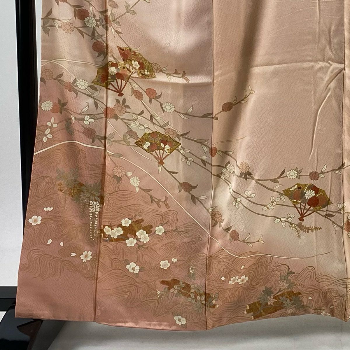 訪問服 身長161.5cm 袖長66.5cm M 雙層 扇子 花筏 金絲 金銀彩 鮭粉色 純蠶絲 秀品級