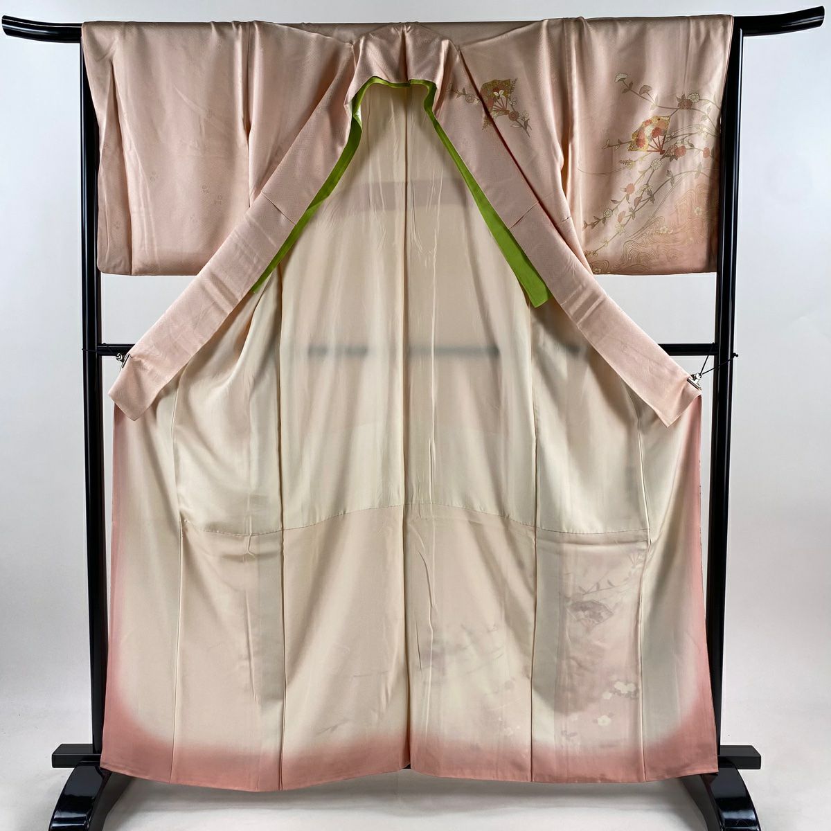 訪問服 身長161.5cm 袖長66.5cm M 雙層 扇子 花筏 金絲 金銀彩 鮭粉色 純蠶絲 秀品級