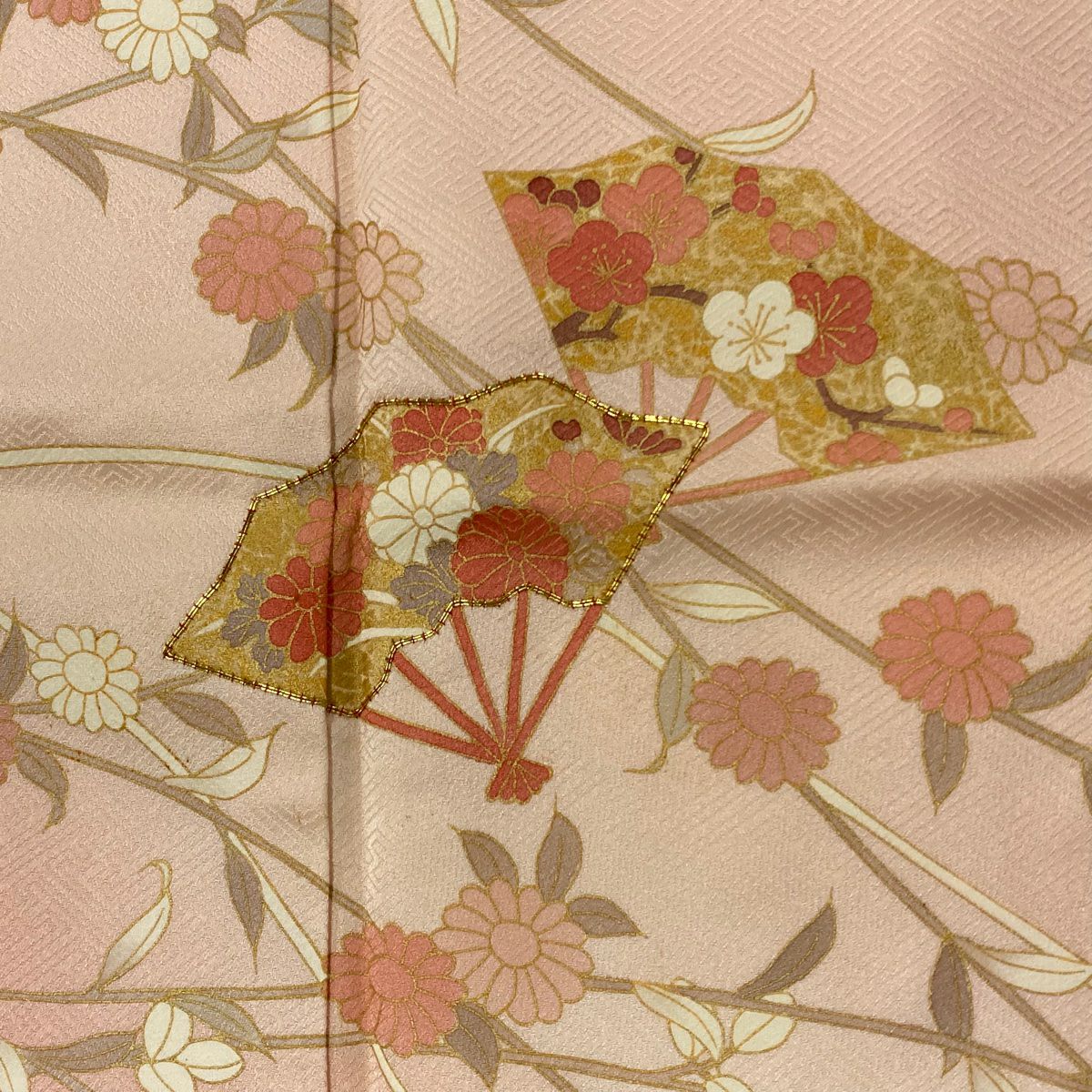 訪問服 身長161.5cm 袖長66.5cm M 雙層 扇子 花筏 金絲 金銀彩 鮭粉色 純蠶絲 秀品級