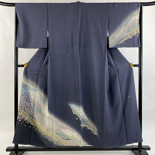 付下 身長152.5cm 袖長66cm M 雙層 落款有 櫻花 波 刺繡 絞染 青灰 純蠶絲 逸品級