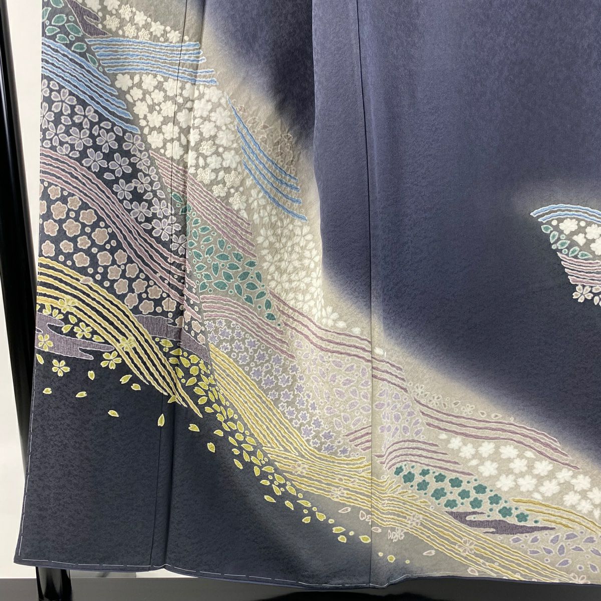付下 身長152.5cm 袖長66cm M 雙層 落款有 櫻花 波 刺繡 絞染 青灰 純蠶絲 逸品級
