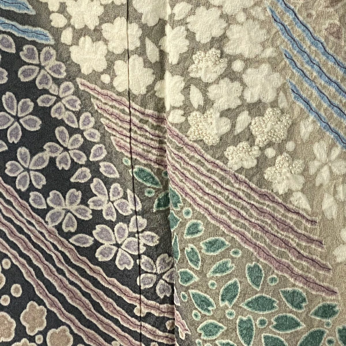 付下 身長152.5cm 袖長66cm M 雙層 落款有 櫻花 波 刺繡 絞染 青灰 純蠶絲 逸品級