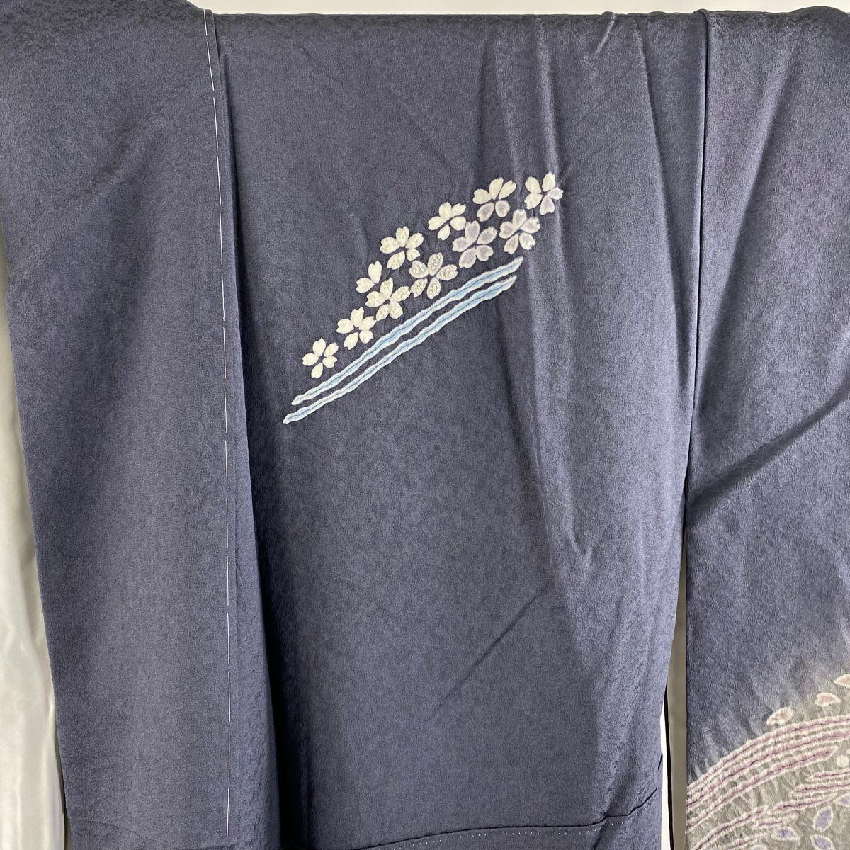 付下 身長152.5cm 袖長66cm M 雙層 落款有 櫻花 波 刺繡 絞染 青灰 純蠶絲 逸品級