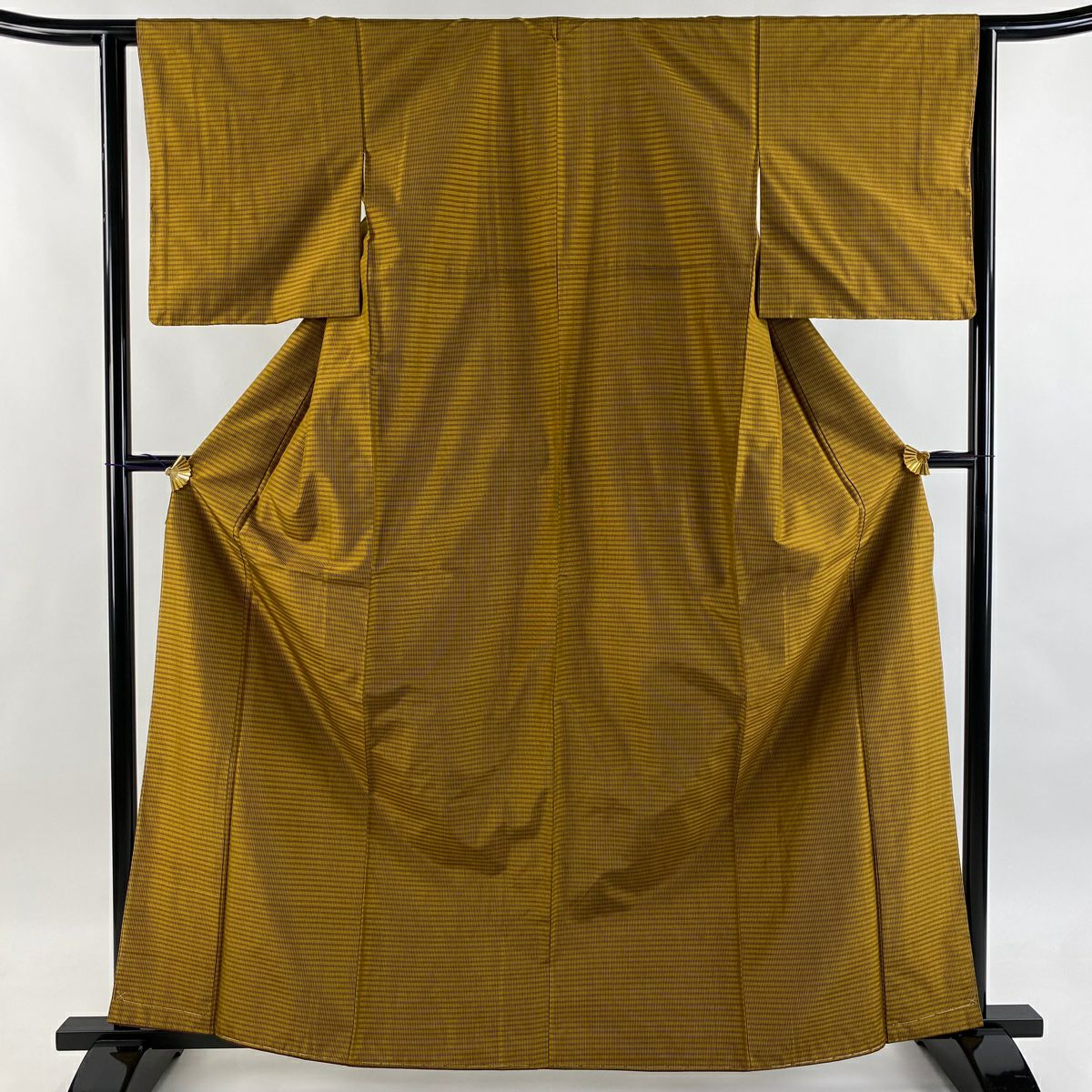 【美品】 紬織 身長163.5cm 袖長62.5cm S 雙層 縞 山吹茶 純蠶絲 逸品級