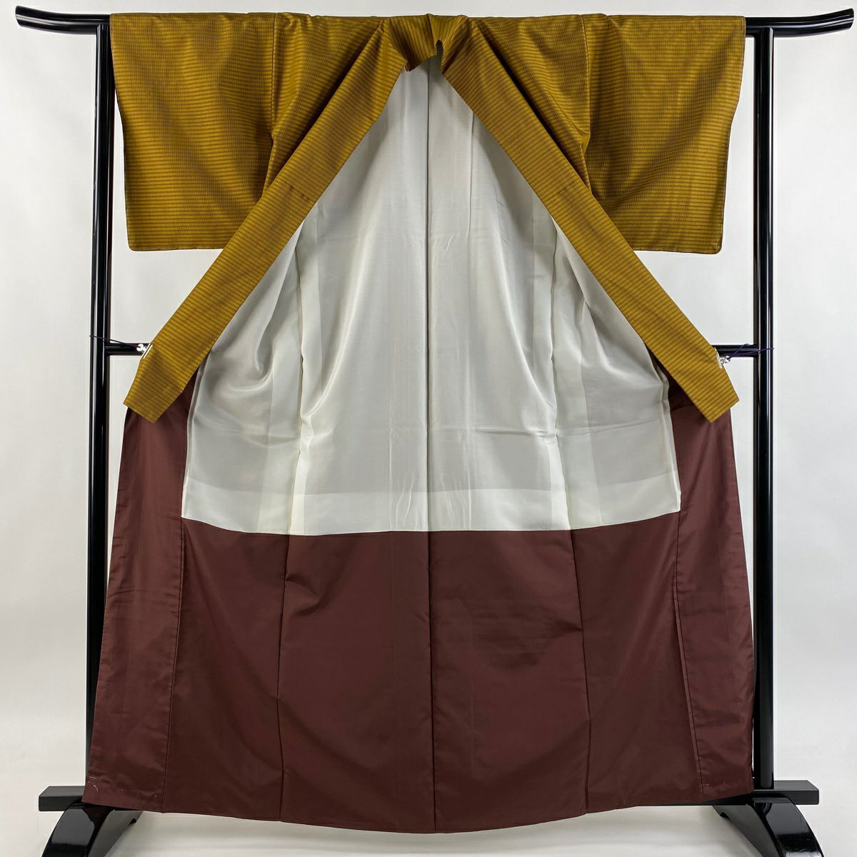 【美品】 紬織 身長163.5cm 袖長62.5cm S 雙層 縞 山吹茶 純蠶絲 逸品級