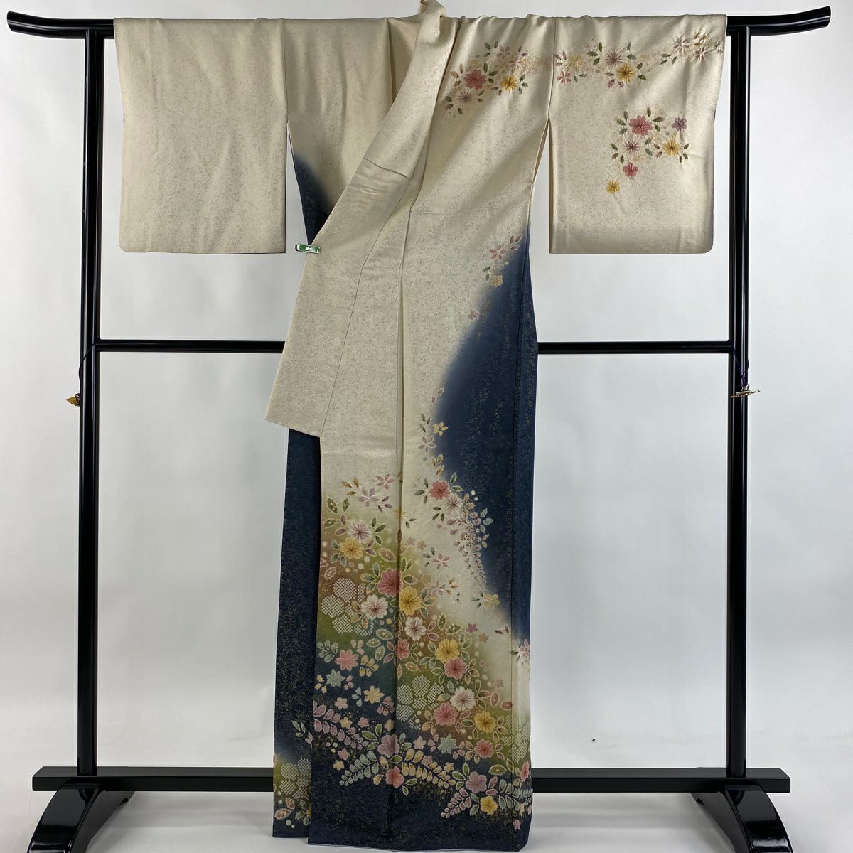 訪問服 身長165cm 袖長66cm M 雙層 徳永憲峯 落款あり 辻花染 櫻花 金通染 分色 奶油色 純蠶絲 逸品級
