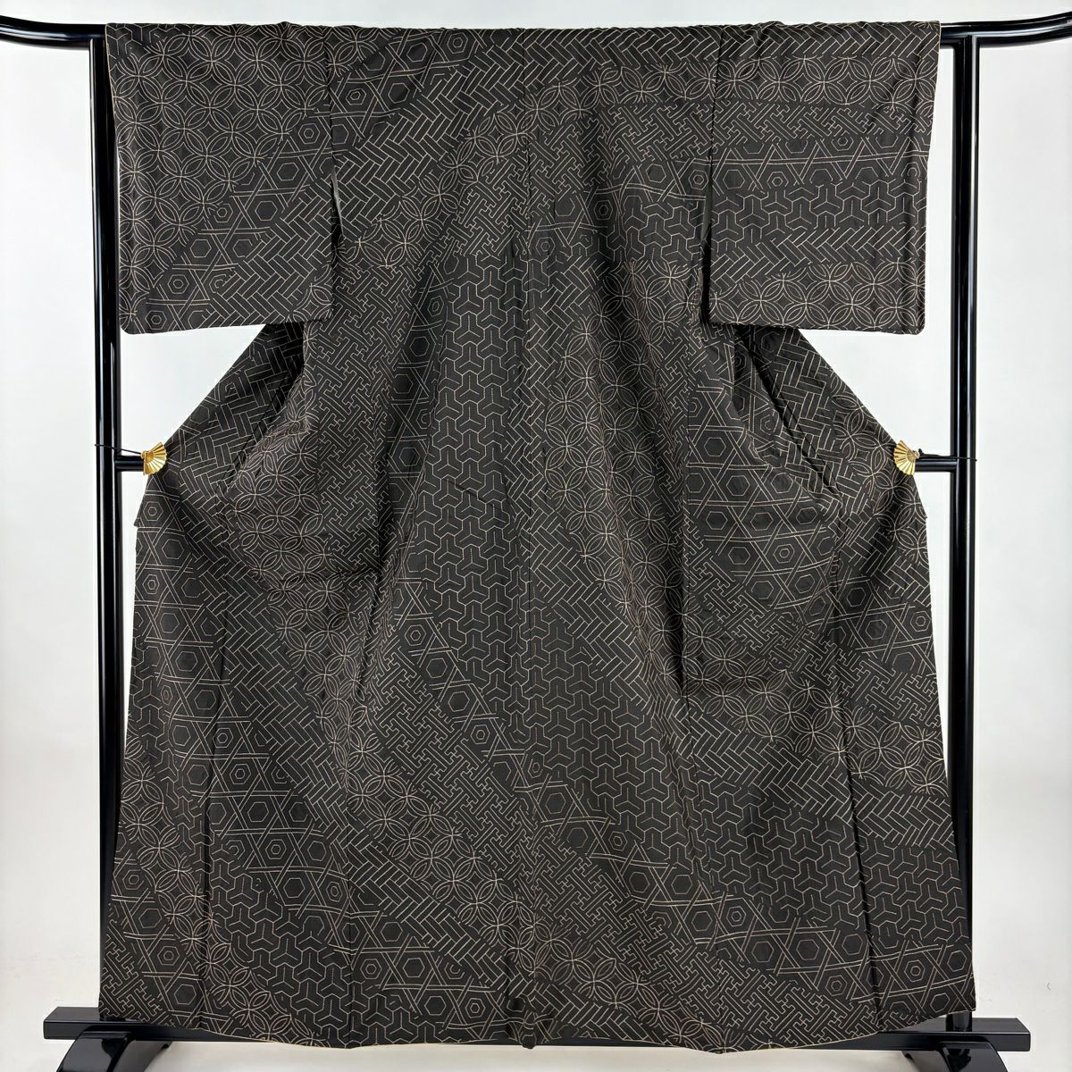 訪問服 身長160cm 袖長63cm S 雙層 網代 有職紋樣 刺繡 焦茶 純蠶絲 逸品級