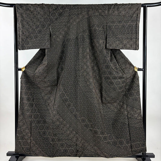 訪問服 身長160cm 袖長63cm S 雙層 網代 有職紋樣 刺繡 焦茶 純蠶絲 逸品級