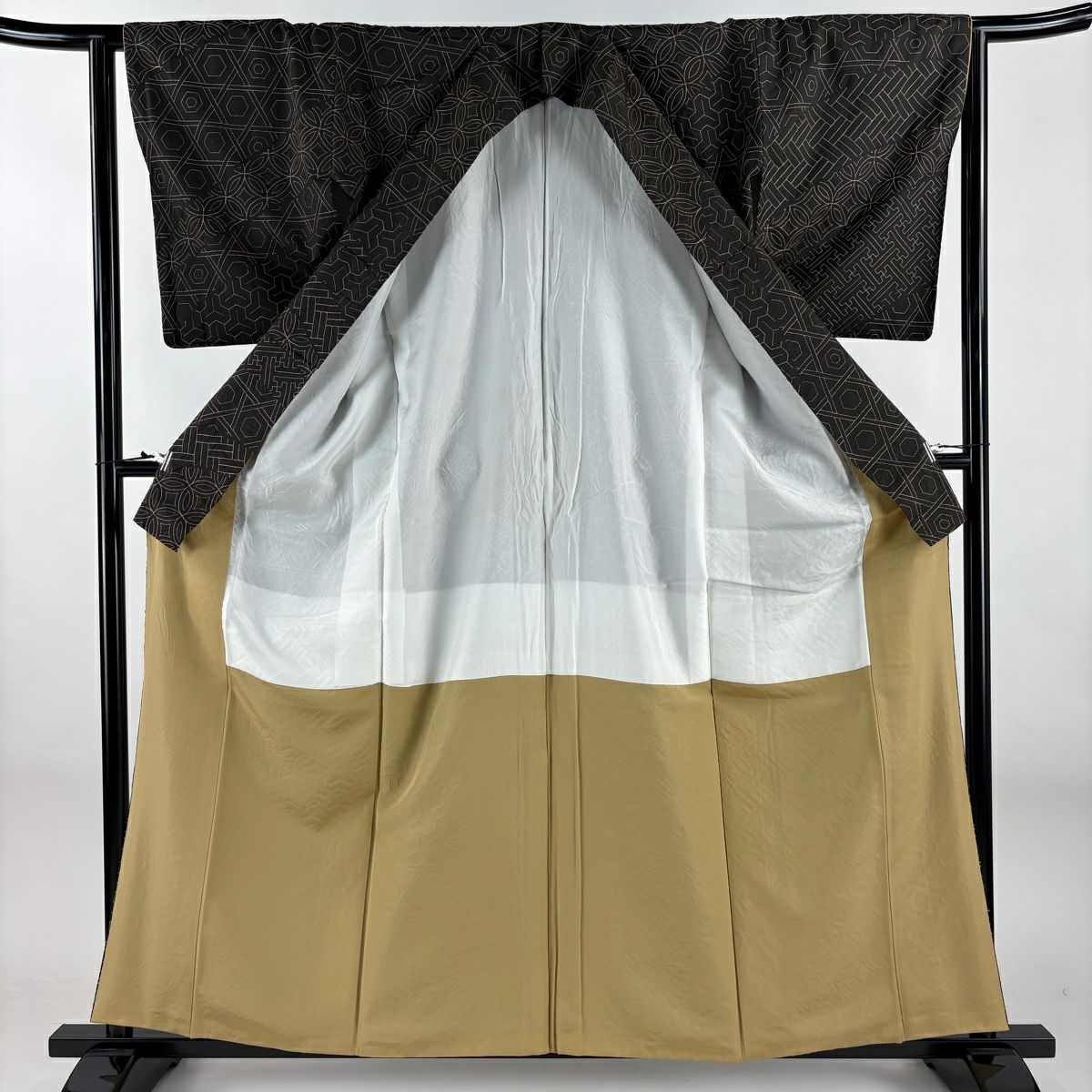 訪問服 身長160cm 袖長63cm S 雙層 網代 有職紋樣 刺繡 焦茶 純蠶絲 逸品級