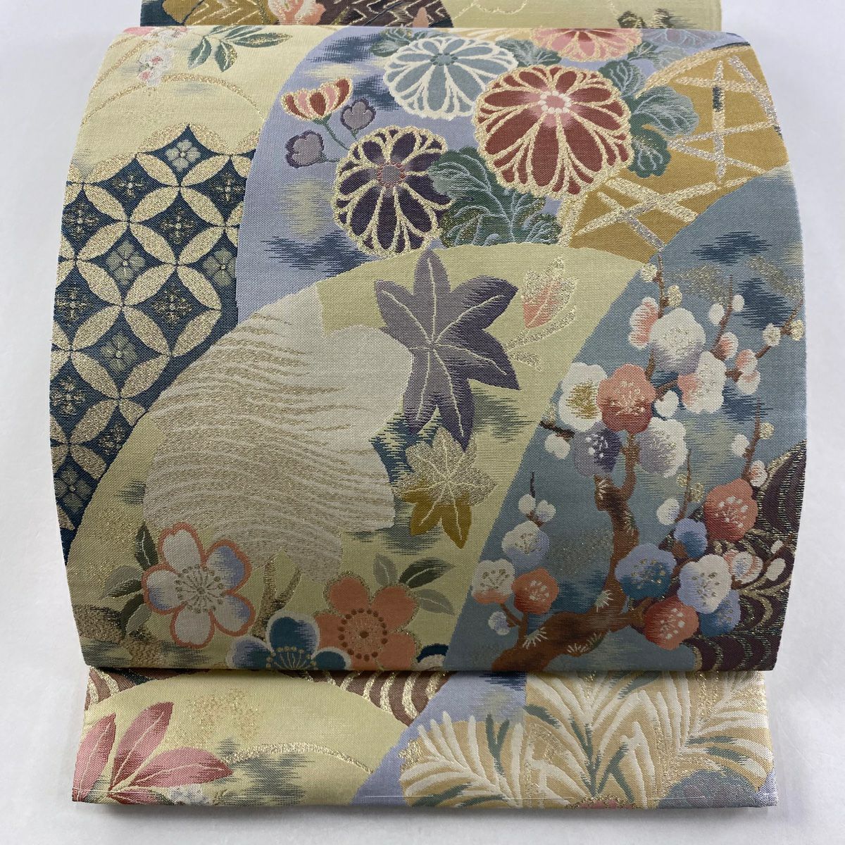 【美品】 袋帶 名品級 菊花 梅花 金金箔 青灰 六通 純蠶絲