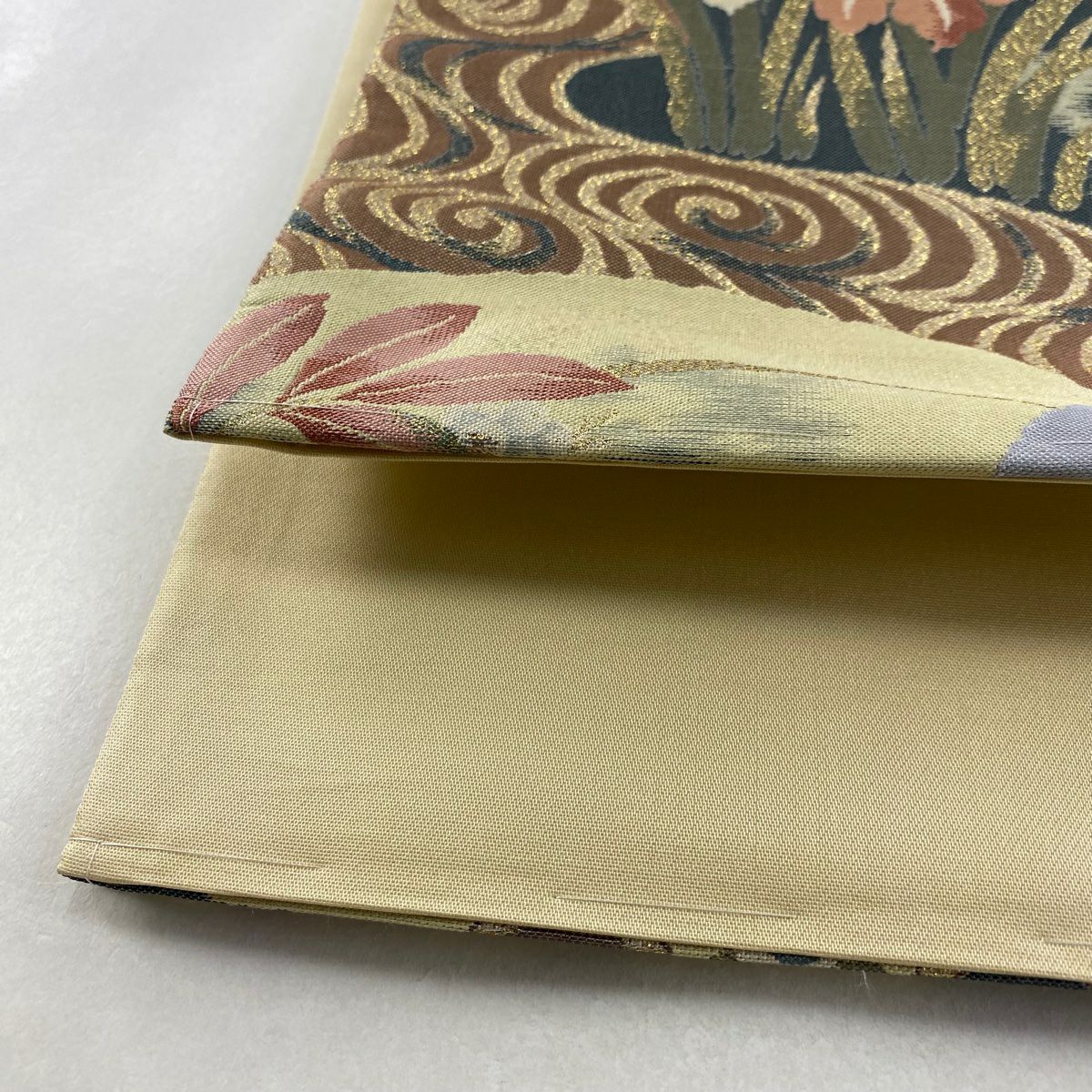 【美品】 袋帶 名品級 菊花 梅花 金金箔 青灰 六通 純蠶絲