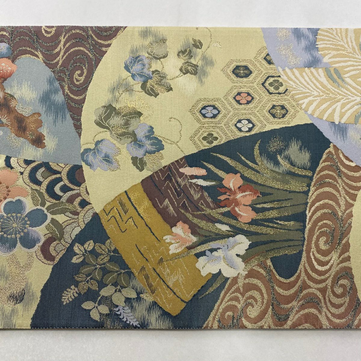 【美品】 袋帶 名品級 菊花 梅花 金金箔 青灰 六通 純蠶絲