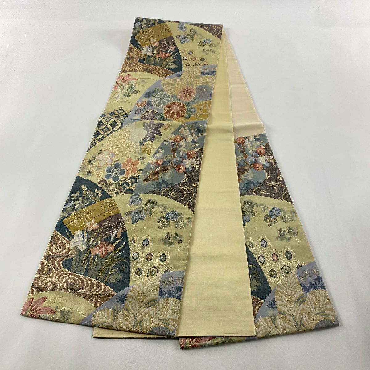 【美品】 袋帶 名品級 菊花 梅花 金金箔 青灰 六通 純蠶絲