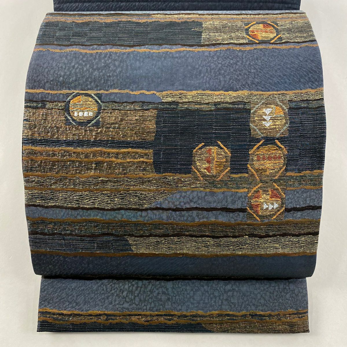 【美品】 袋帶 名品級 段紋 幾何學 金絲 青灰 六通 純蠶絲