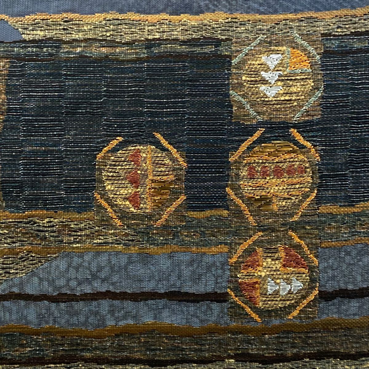 【美品】 袋帶 名品級 段紋 幾何學 金絲 青灰 六通 純蠶絲