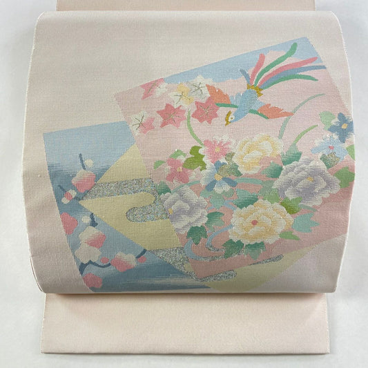 【美品】 名古屋帶 名品級 松樹葉仕立 八寸名古屋帶 色紙 花鳥 金銀彩 薄粉紅 純蠶絲
