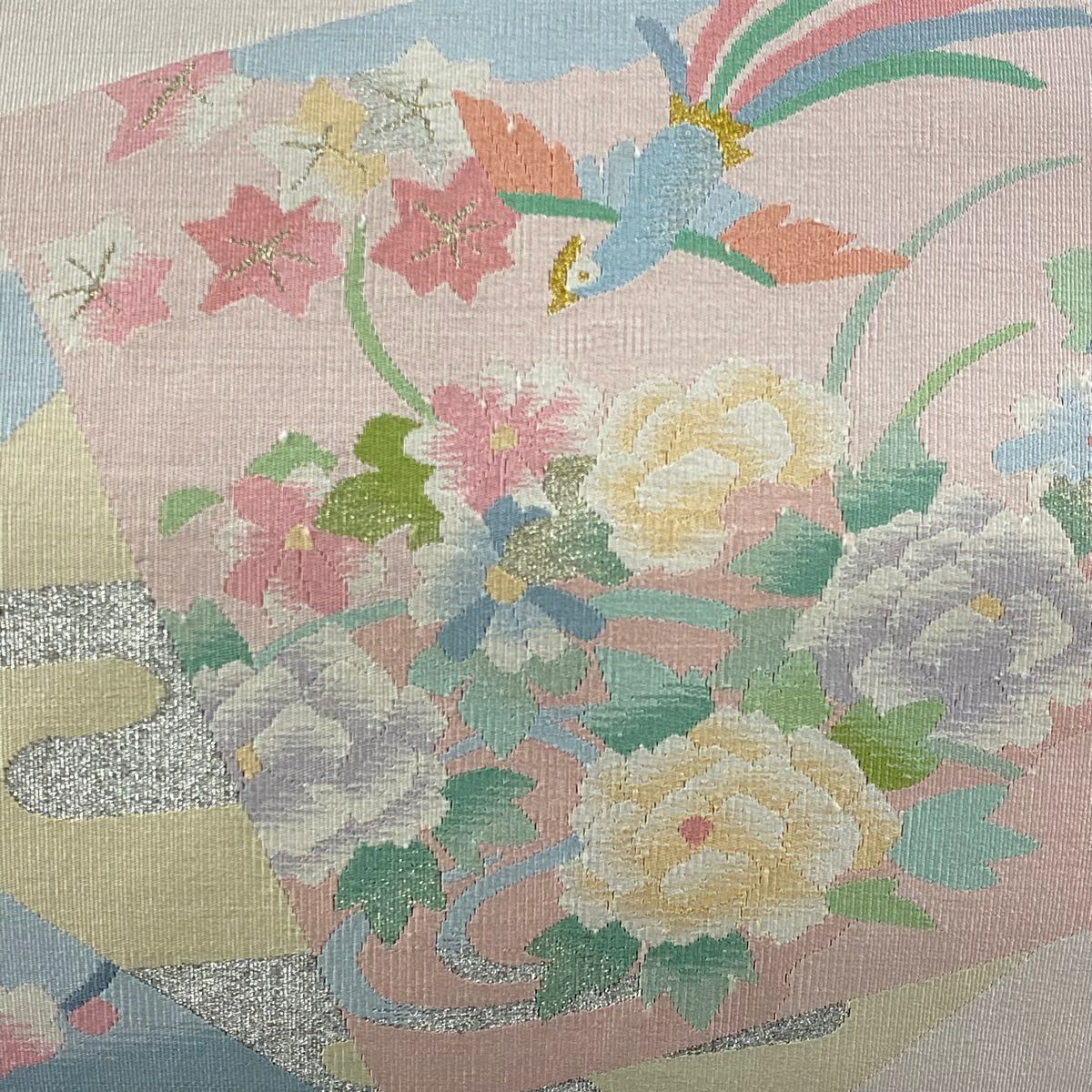 【美品】 名古屋帶 名品級 松樹葉仕立 八寸名古屋帶 色紙 花鳥 金銀彩 薄粉紅 純蠶絲
