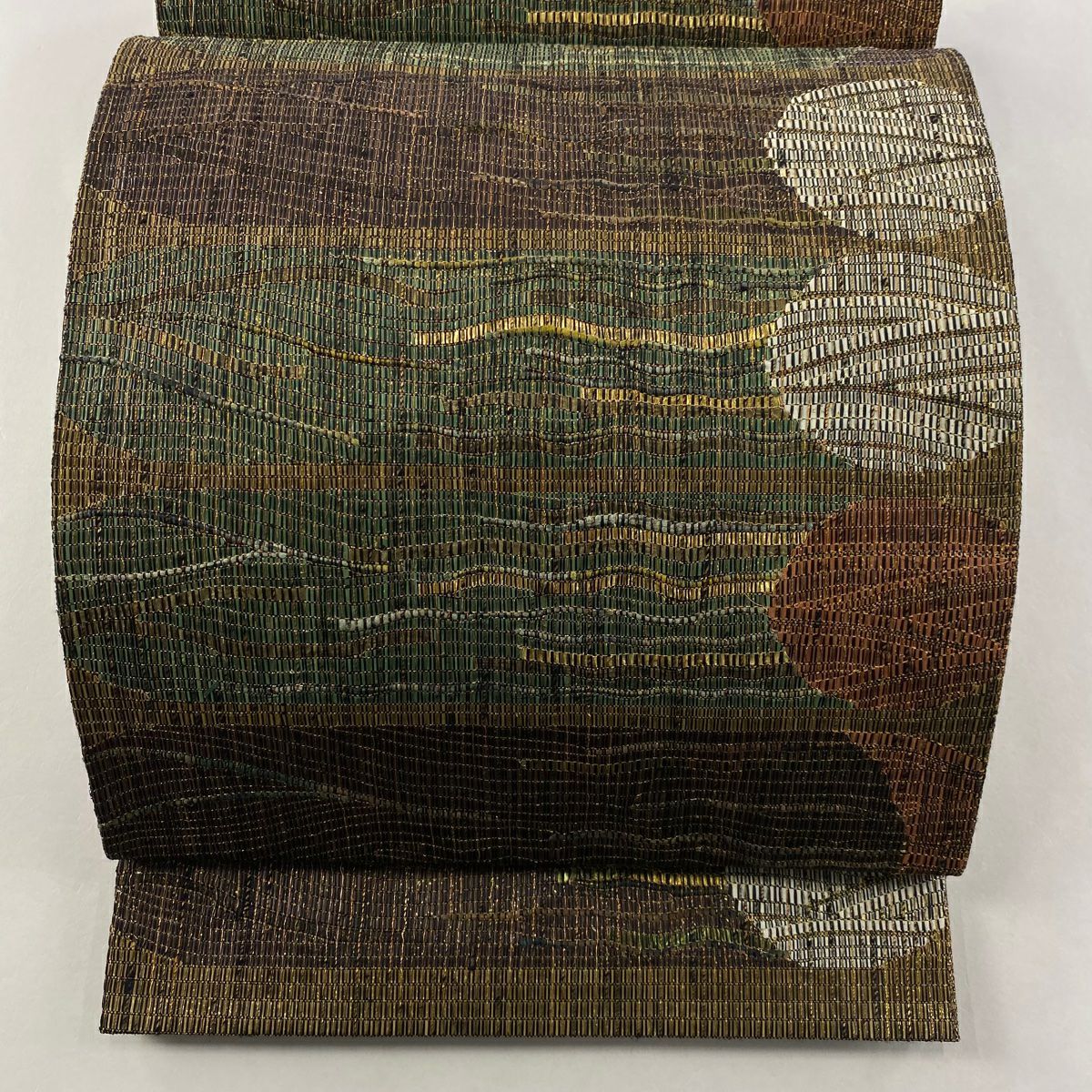【美品】 袋帶 名品級 幾何學 金絲 金金箔 茶 六通 純蠶絲
