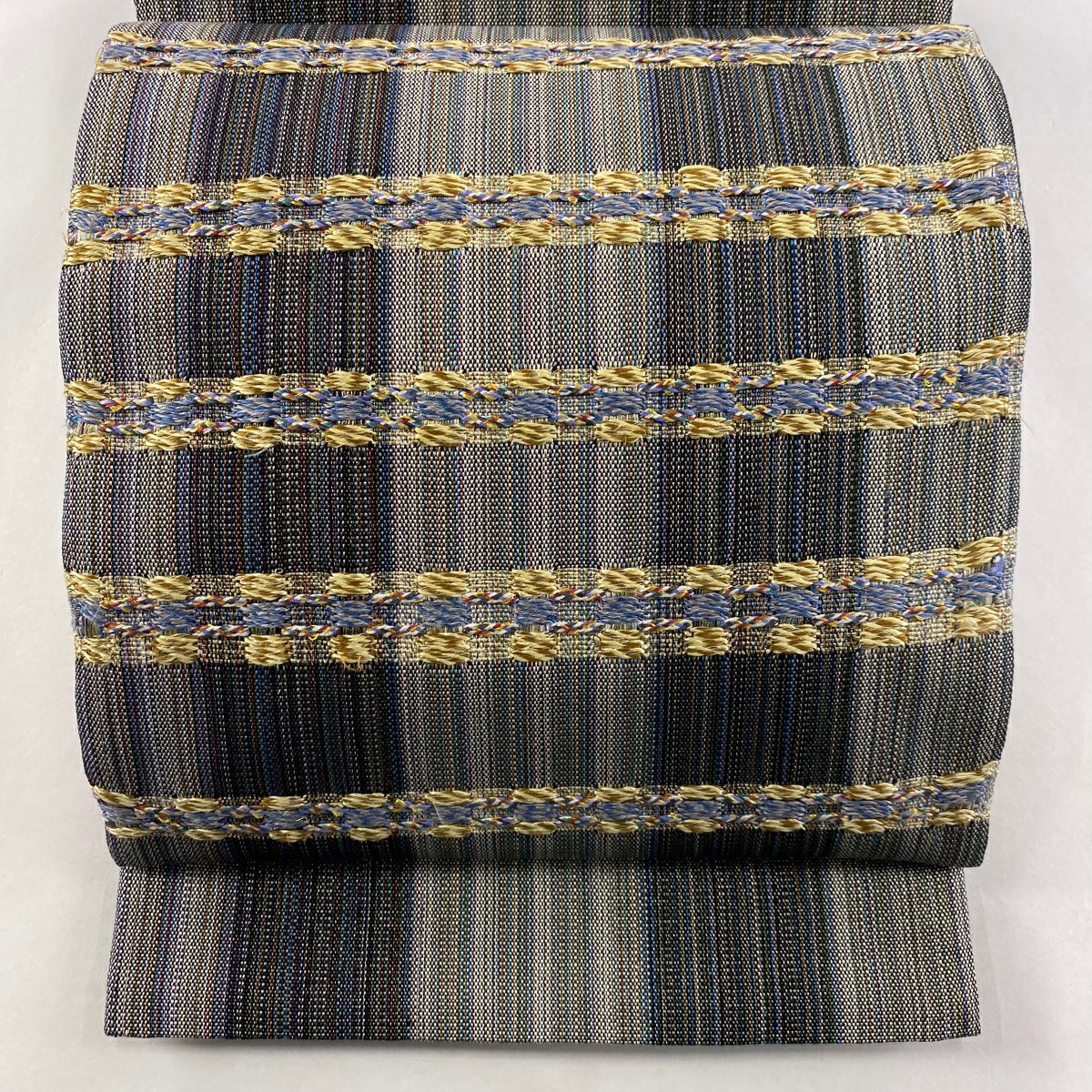 【美品】 袋帶 名品級 縞 金絲 灰色 大鼓圖案 純蠶絲
