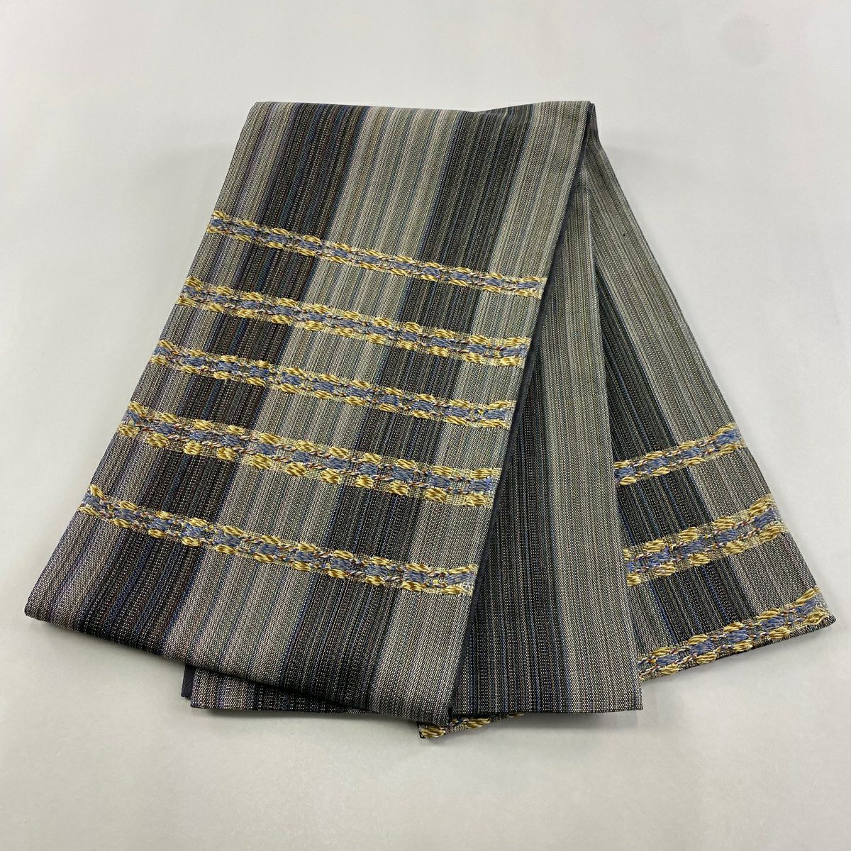 【美品】 袋帶 名品級 縞 金絲 灰色 大鼓圖案 純蠶絲