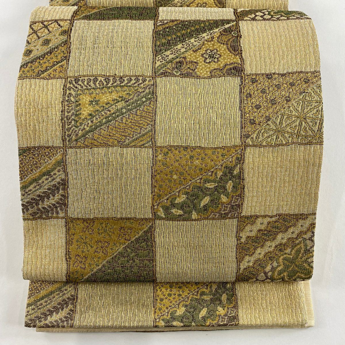 【美品】 袋帶 名品級 變化市松樹 花 金銀絲 金色 六通 純蠶絲