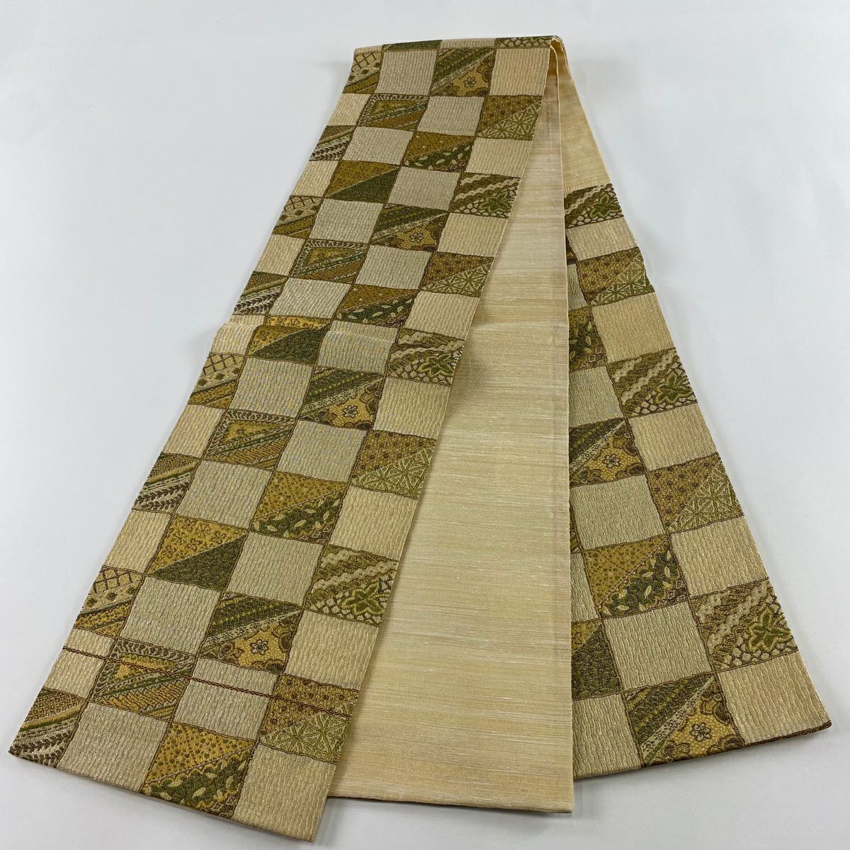 【美品】 袋帶 名品級 變化市松樹 花 金銀絲 金色 六通 純蠶絲