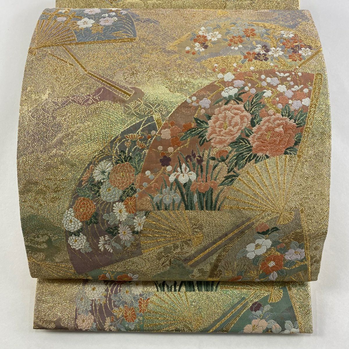 【美品】 袋帶 名品級 扇子畫四季草花紋紋 六歌仙色紙紋 金銀絲 金金箔 金色 大鼓圖案 純蠶絲