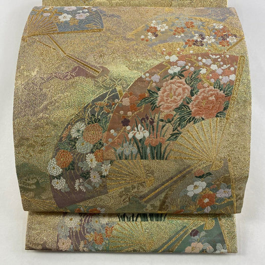 【美品】 袋帶 名品級 扇子畫四季草花紋紋 六歌仙色紙紋 金銀絲 金金箔 金色 大鼓圖案 純蠶絲