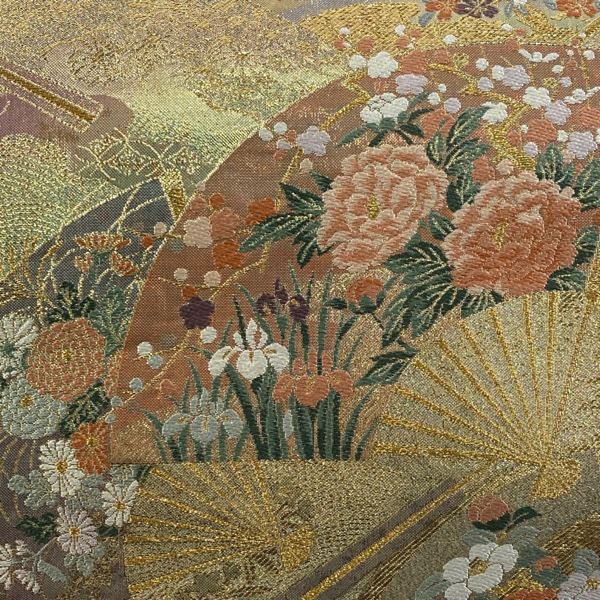 【美品】 袋帶 名品級 扇子畫四季草花紋紋 六歌仙色紙紋 金銀絲 金金箔 金色 大鼓圖案 純蠶絲