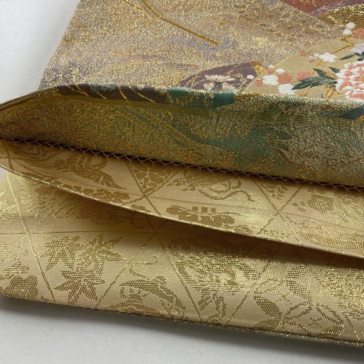 【美品】 袋帶 名品級 扇子畫四季草花紋紋 六歌仙色紙紋 金銀絲 金金箔 金色 大鼓圖案 純蠶絲