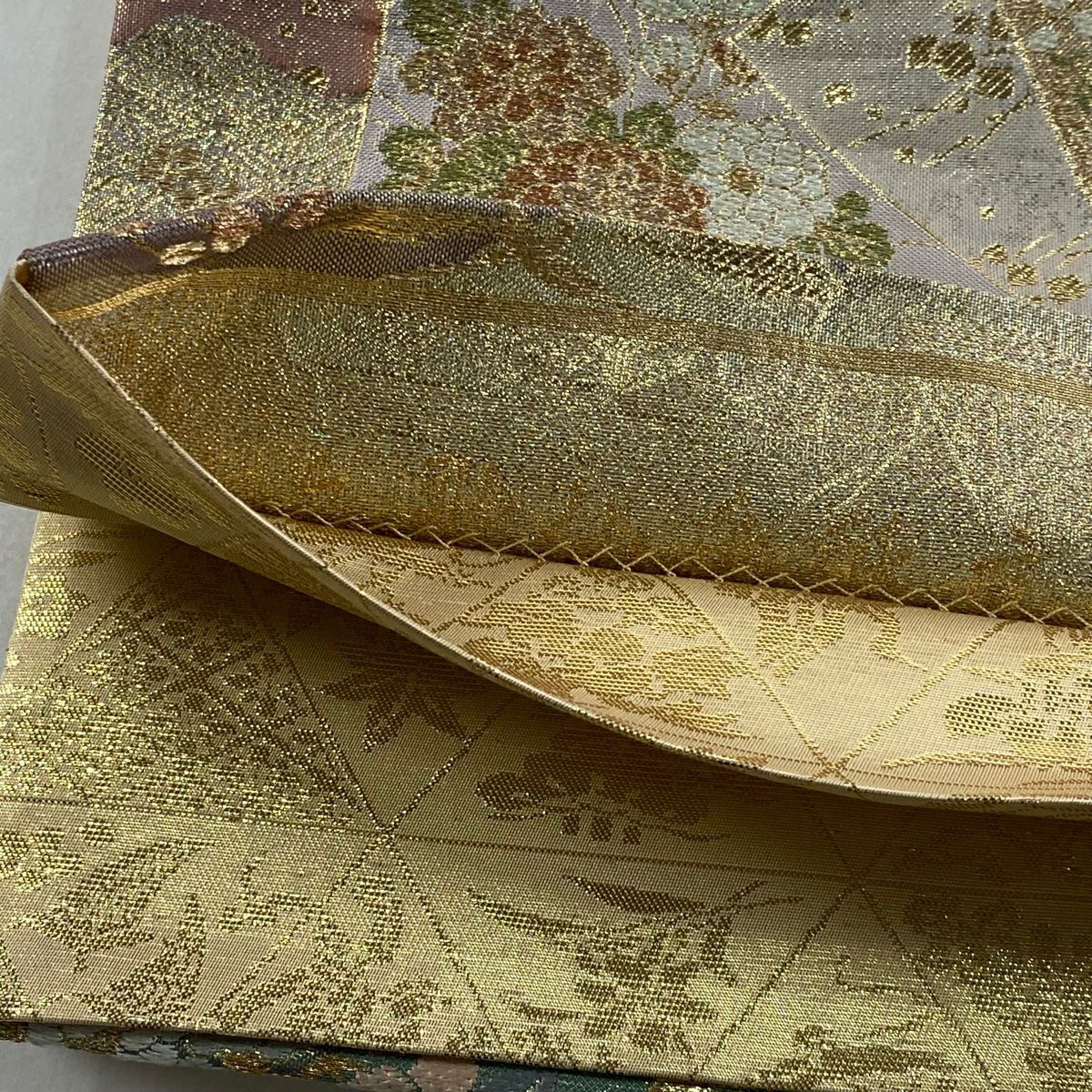 【美品】 袋帶 名品級 扇子畫四季草花紋紋 六歌仙色紙紋 金銀絲 金金箔 金色 大鼓圖案 純蠶絲